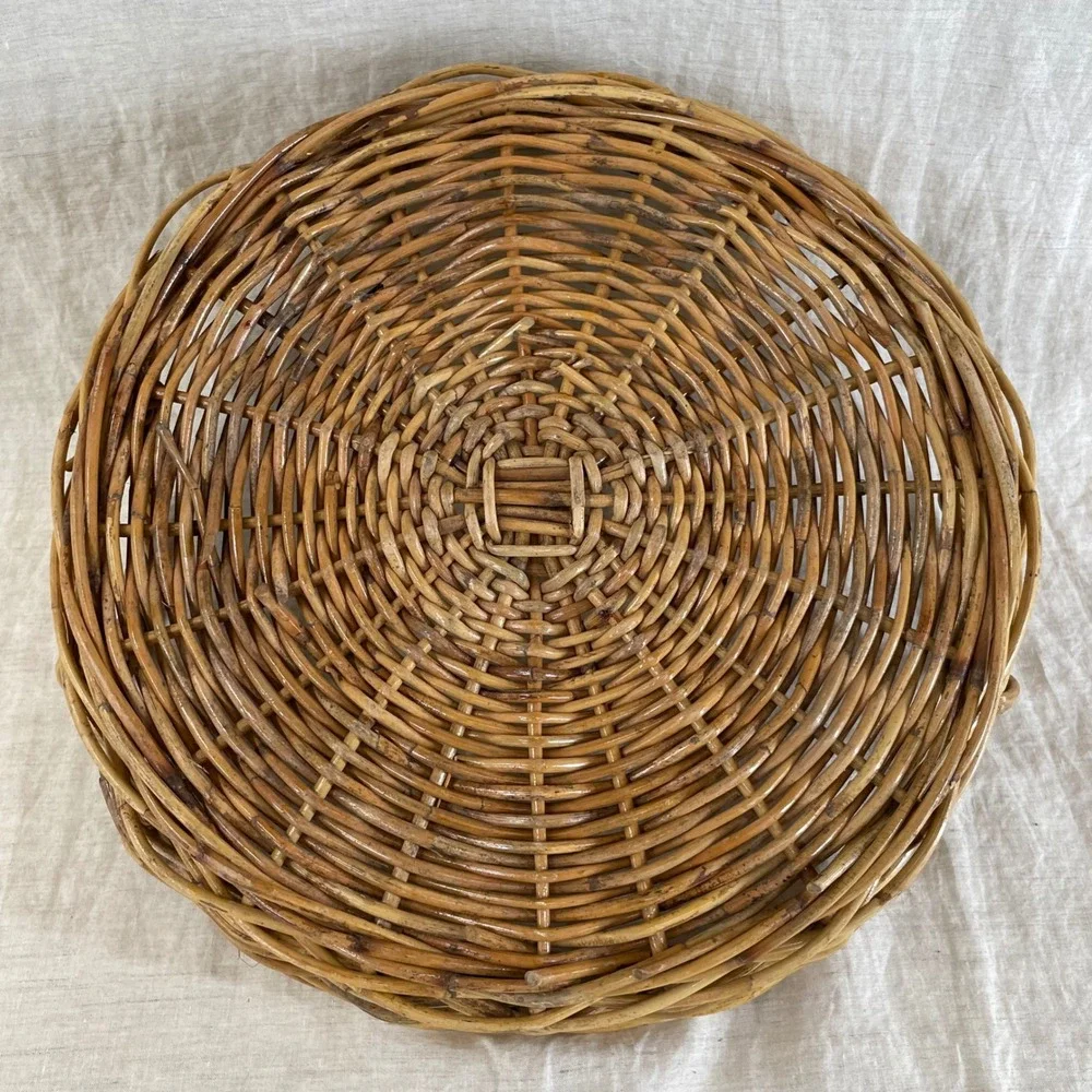 Vintage Large Round Wicker Tray Basket 18 Inch Handled Ottoman Coffee Table